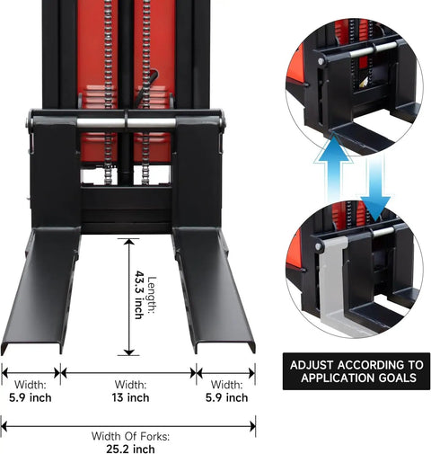Heavy Duty 3300 Lbs Semi-Electric Pallet Stacker With 98 Inch Mast Lift Height Adjustable Forks For Warehouses view of adjustable fork size.