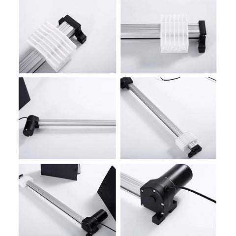 Banapoy electric linear actuator with aluminum rail and white slider; motor end and black caps visible.
