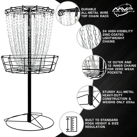 Portable 24 chains disc golf basket for practice, pro grade all metal construction, ultra stable base with ground stakes shown