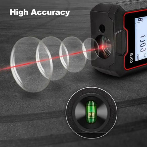 Pro Laser Distance Meter 60M Sick Precision Digital Measure Tool with Sweet LCD Backlit Display showcasing high accuracy lens.