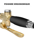 Close-up of ergonomic handle of Badass Pneumatic Mortar Sprayer with alloy body for cement plaster and stucco applications.