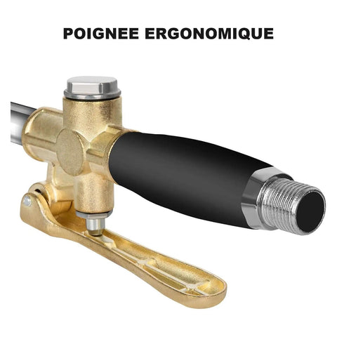 Close-up of ergonomic handle of Badass Pneumatic Mortar Sprayer with alloy body for cement plaster and stucco applications.