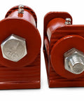 3.5-Inch Adjustable Roller Cage Hinges Heavy Duty Built Like a Tank with Grease Fitting for Easy Maintenance and Smooth Action Rated to Handle a Hefty 1000 Lbs per Pair Industrial Toughness 2 Unit Pack showing front view of red steel hinges with hex bolts.