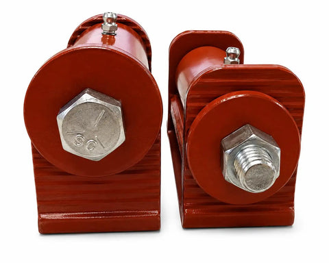 3.5-Inch Adjustable Roller Cage Hinges Heavy Duty Built Like a Tank with Grease Fitting for Easy Maintenance and Smooth Action Rated to Handle a Hefty 1000 Lbs per Pair Industrial Toughness 2 Unit Pack showing front view of red steel hinges with hex bolts.