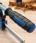 Close-up of handle on 18 Inch Sure Foot F Style Clamp With No Tip Base For Hands Free Positioning One Hand Setup Versatile Woodworking Clamp