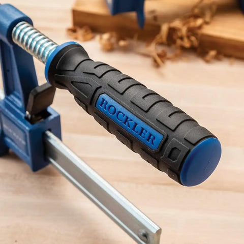 Close-up of handle on 18 Inch Sure Foot F Style Clamp With No Tip Base For Hands Free Positioning One Hand Setup Versatile Woodworking Clamp
