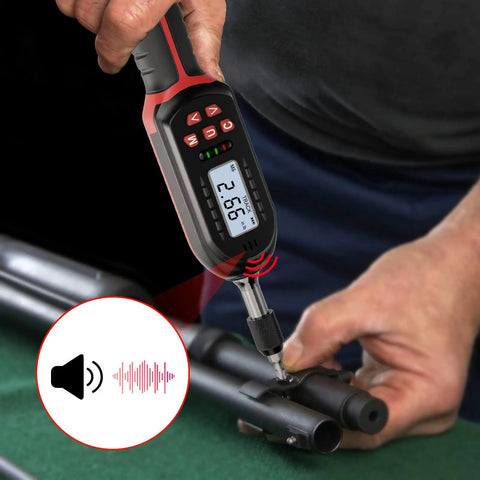 Digital Torque Screwdriver With LED Buzzer Indicator being used on a bike part, showing 2.66 in-lbs on digital display.