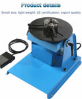 No Nonsense Rotary Welding Positioner With Slick Variable Speed Controls and a Handy Foot Switch on a blue cast iron deck.