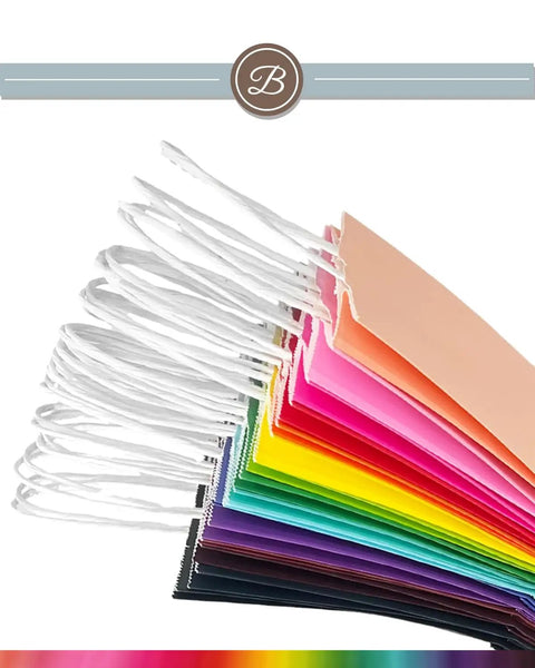 32 Pack Small Paper Gift Bags With Handles In 16 Color Variations 8.3 By 6 By 3.15 Inches Durable Recycled Thick Paper Great For Party Favors Gifts Crafts And DIY Projects displayed in a colorful fan arrangement