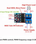 Diagram of Dual High Power MOSFET Trigger Switch Drive Module For PWM Control with labeled inputs and outputs.