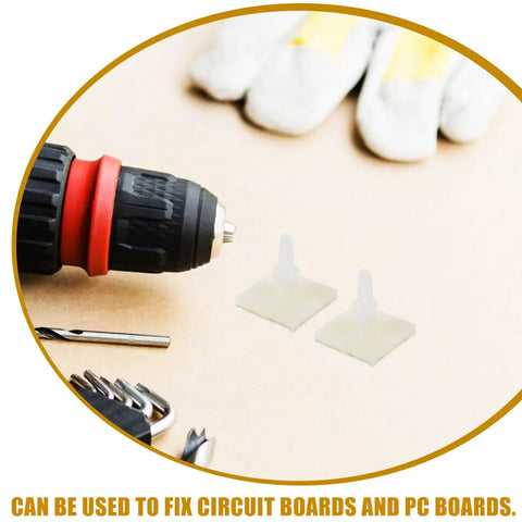 Self Adhesive PCB Standoffs With Hella Secure Insulated Foot Pads For Circuit Boards And Motherboards Built Damn Tough For Stable Electronic Component Mounting And Nitty Gritty DIY Electronics Projects Rock Solid Spacer Support System next to a drill and screws