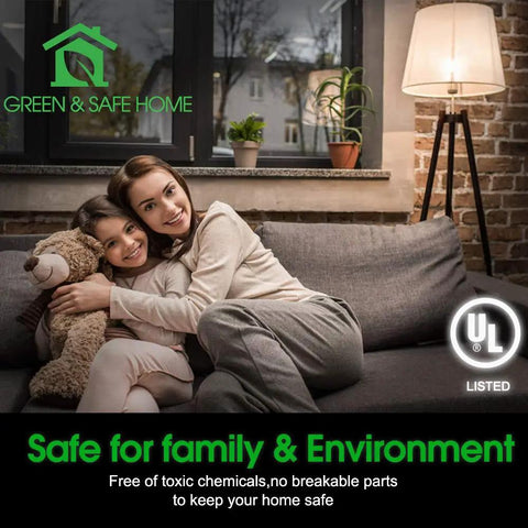Mother and child on couch under LED Light Bulbs 60 Watt Equivalent A19 Warm White 3000K E26 Base Non Dimmable 750 Lm UL Listed 16 Pack.