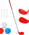 Left Hand 36 Inch Plastic Golf Chipping Club Set With Oversized Head For Home Backyard Bucket Game Indoor Outdoor Training Includes One Club Three Practice Balls And Three Tees Gift For Grown Ups, featuring red club with practice balls and tees.