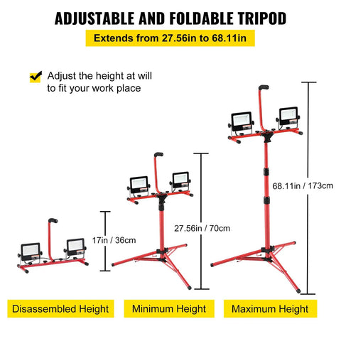 Adjustable foldable tripod stand showing telescoping height positions for Daylight Bright Dual Head LED Work Light.