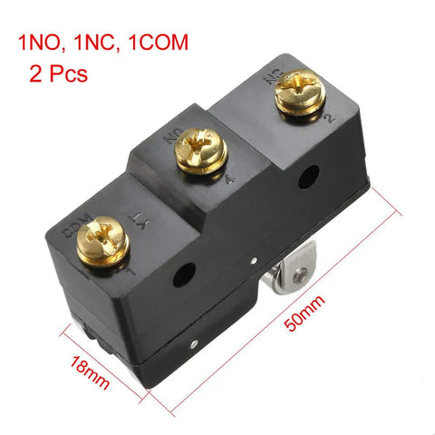Two Pack Hinge Roller Lever Micro Action Switches With 1NO And 1NC, 15A rating at 125 250 or 380V AC DC, IP40, three terminals, black design