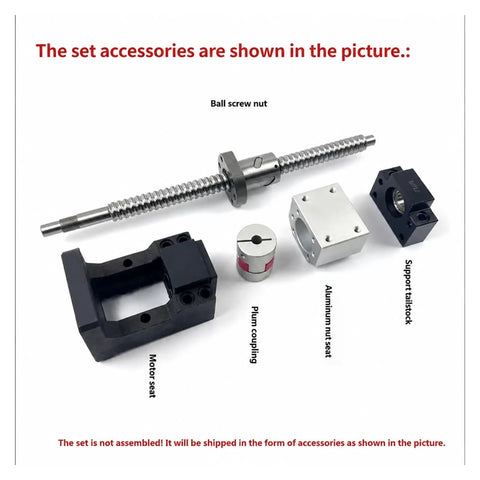 Top Rated SFU2005 And SFU2010 Ball Screw Set With Coupler, Support Block And Motor Bracket For Your CNC Machine Build Or DIY Project Upgrade parts displayed including motor seat, coupler, and ball screw.