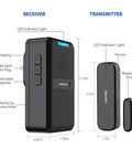 Wide Range Dope Wireless Door Chime System with 600 ft coverage, showing plug-in receiver and two door sensors with labels.