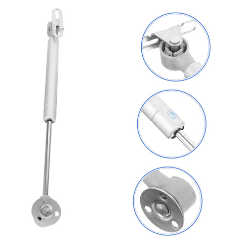 Hemoton cabinet lift support rod, silver metal with round mounting flange; side view with hinge clamp and piston close-up.