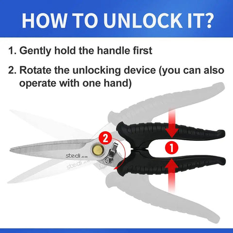 Multipurpose Heavy Duty Scissors With Extended Ultra Sharp Blades And Finely Serrated Edges High Carbon Stainless Steel Shears safety lock instructions