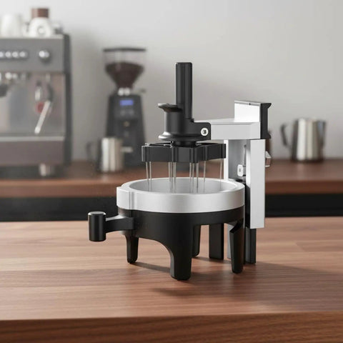 Premium Espresso Coffee Distributor And Tamper Leveler With Adjustable Rotary Depth And Twelve Prongs on wooden counter.