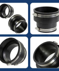 Built Tough Flexible Reducing Pipe Coupling With Stainless Steel Bands For DWV Drain Waste Vent Line, black rubber design.