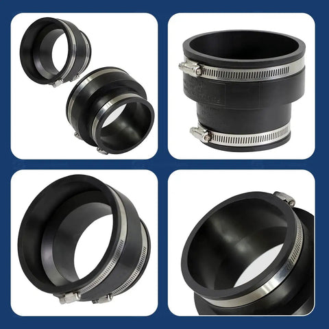 Built Tough Flexible Reducing Pipe Coupling With Stainless Steel Bands For DWV Drain Waste Vent Line, black rubber design.