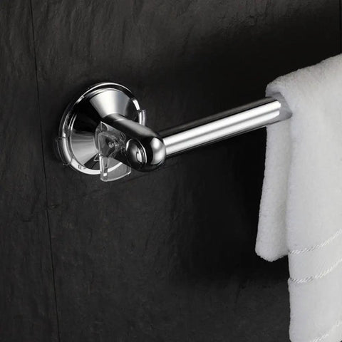 Alt Tag: Insta Mount 24 Inch Towel Bar No Tools No Drilling Mounts Anywhere on black tile wall with white towel hanging