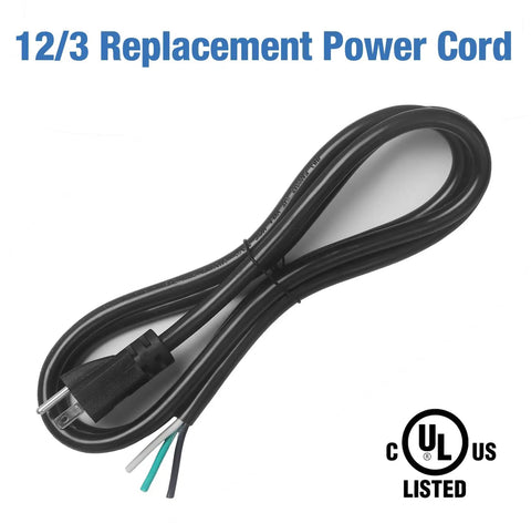 Heavy Duty 6 Foot 12 Gauge 3 Prong Power Cord Replacement For Home Appliances NEMA 5-15P Plug To Bare End SJT 12AWG Black