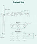 Technical diagram of Wall Mount Bathtub Faucet Set With Handheld Shower Wand And Spout, Matte Black Tub Filler With 3 Handle Trim