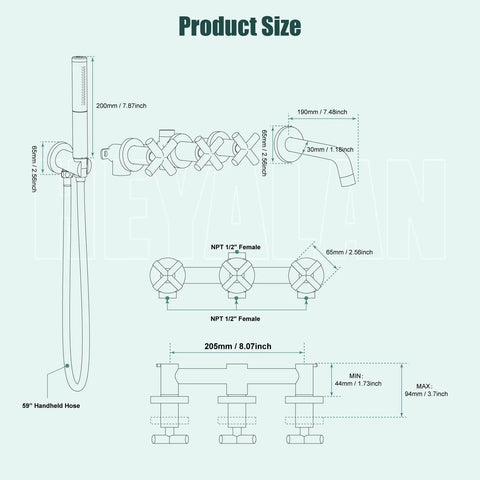 Diagram of Brushed Nickel Wall Mount Tub Faucet Set With Handheld Shower Wand And Spout, Tub Filler Faucets, measurements indicated
