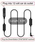 12V DC Power Cord For DreamStation CPAP BiPAP Car Charger Cable, 6.5 ft length, with 12 volt car dc outlet and CPAP machine plug
