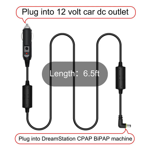 12V DC Power Cord For DreamStation CPAP BiPAP Car Charger Cable, 6.5 ft length, with 12 volt car dc outlet and CPAP machine plug