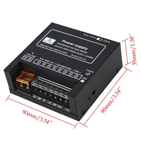 Heavy Duty Power Supply Controller For Door Access Systems With 110 To 240 Volt AC Input And 12 Volt DC 4 Amp Output Ideal For Electric Locks Intercoms And Security Cameras Global Voltage Ready Easy Install black unit dimensions visible