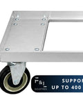 Heavy Duty Aluminum Milk Crate Dolly With Smooth Roll Casters close-up of welded frame and caster, supports up to 400 lbs.