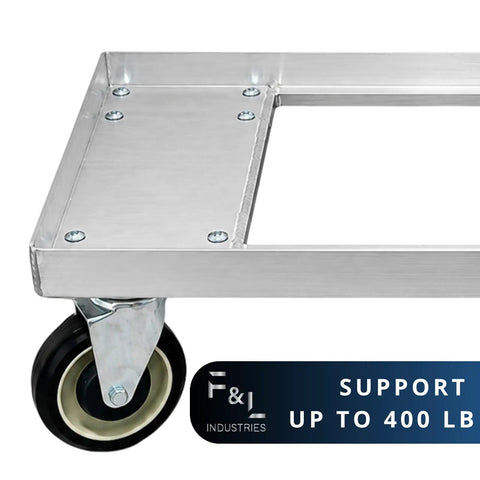 Heavy Duty Aluminum Milk Crate Dolly With Smooth Roll Casters close-up of welded frame and caster, supports up to 400 lbs.