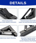 Close-up of 2 Pack 10 Inch Black Folding Shelf Brackets showing unique folding button and thickened support rod features.