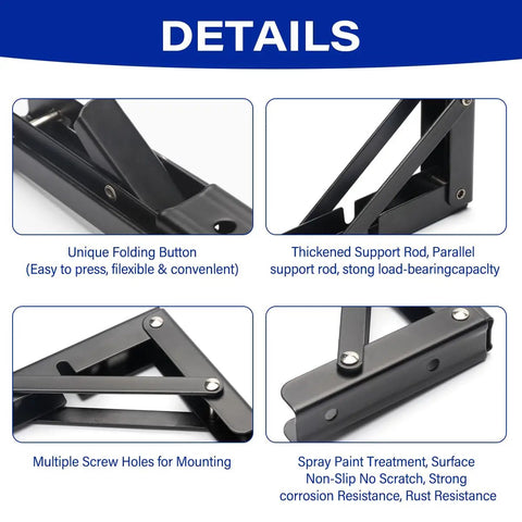 Close-up of 2 Pack 10 Inch Black Folding Shelf Brackets showing unique folding button and thickened support rod features.
