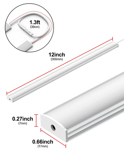 Diagram of Two Pack 12 Inch Under Cabinet Lighting Kit Dimmable LED Lights Cool White 6000K Linkable USB, showing dimensions and cable