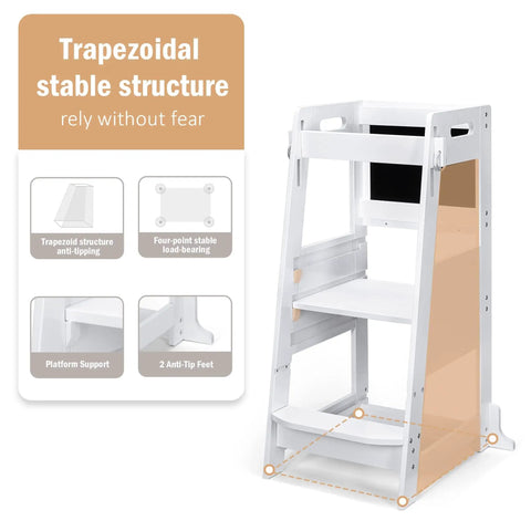 Sturdy Bamboo Toddler Step Stool With 3 Adjustable Heights, Chalkboard Board, Non Slip Mat, Kitchen Counter Learning Tower