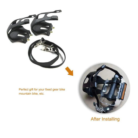 Pair Of Plastic Bike Pedals With Toe Clip And Strap For MTB And Road Bikes, No Slip Grip For Better Control, shown before and after installation.