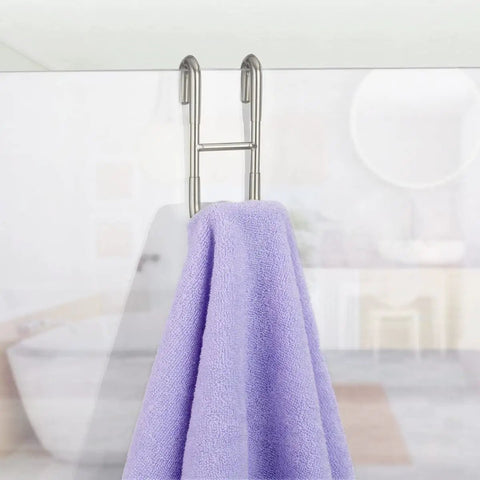 Drill Free Over Shower Glass Door Hooks 4 Pack In Polished Silver Made From SUS 304 Stainless Steel holding purple towel