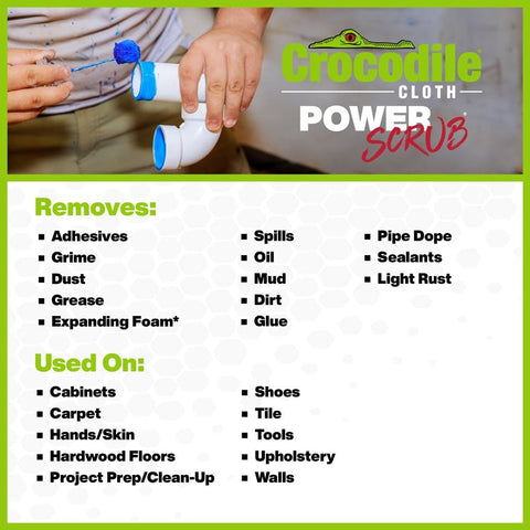 Person using PowerSCRUB Dual-Surface Cleaning Wipes for cleaning PVC pipe, list of stains and surfaces these wipes can tackle.