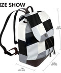 Kick Up Your Daily Fit With This Slick Black And White Piano Grid Womens Leather Backpack Featuring Waterproof Build And Hella Spacious Storage For Travel Or Work, showing size dimensions and side view.