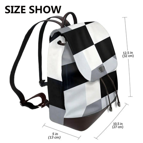 Kick Up Your Daily Fit With This Slick Black And White Piano Grid Womens Leather Backpack Featuring Waterproof Build And Hella Spacious Storage For Travel Or Work, showing size dimensions and side view.