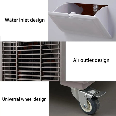 Portable 3 In 1 Evaporative Air Cooler With 3 Quick Speed Settings And Built In Water Tank, showing water inlet, air outlet, universal wheel design.