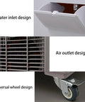 Portable Evaporative Air Cooler And Humidifier With Three Speed Settings Cool Air Blower personal swamp fan features water inlet, air outlet, and universal wheels.