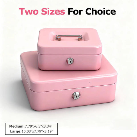 8 Inch Cash Box With Money Tray For Valuables Sturdy Heavy Duty Metal Safe Lock Box With Key Five Compartment Cash Tray And Coin Drawer Pink Medium Portable Storage For Cash Jewelry And More, shown in two sizes