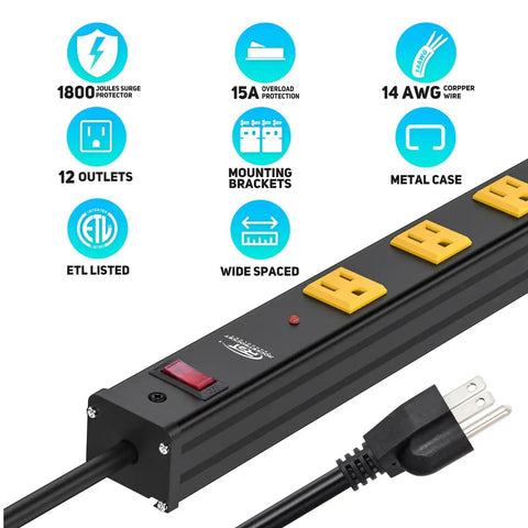 Heavy Duty 12 Outlet Power Strip With 6ft Cord And 1800 Joule Surge Protection, Wall Mountable, Wide Spaced Outlets Made To Handle Bulky Plugs