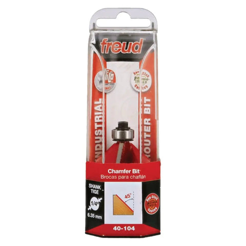 Packaging of Carbide Chamfer Router Bit, 45 Degree Cutting Angle, 1-11/32 Inch Diameter, 1/4 Inch Shank, 1/2 Inch Bearing, Two Flute Cutter