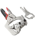 Solid Locking Clamp Set Featuring 10 Inch Welding Pipe Plier And 5 Inch Mini C-Clamp, chrome vanadium steel, ergonomic rubber handles.